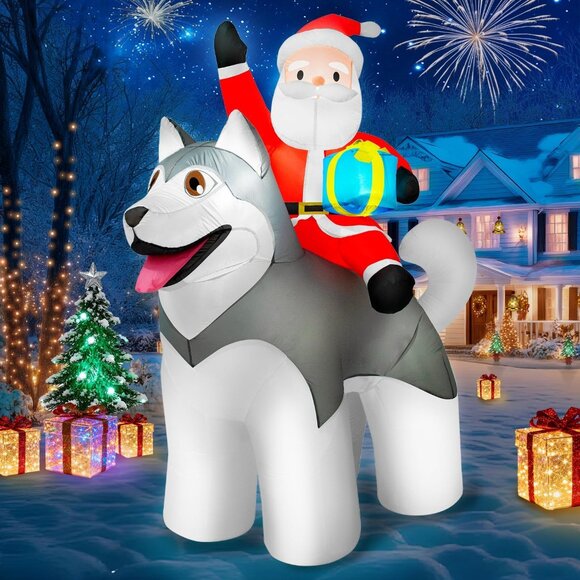 🆕8×7FT  Christmas Inflatable Santa Riding Husky Dog Outdoor Decoration - Picture 3 of 8